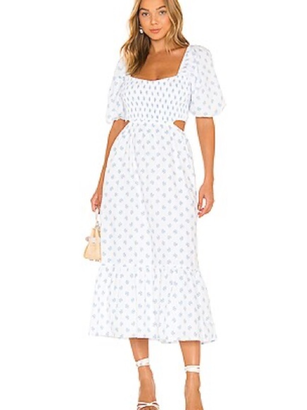 Faithfull the Brand Bloom Midi Dress Blue Floral Puff Sleeve